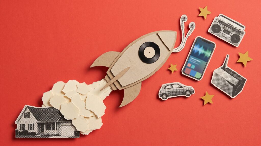 Paper-cut collage of a cardboard rocket with a vinyl record window lifting off from a house toward earbuds, a phone, a car and a boombox