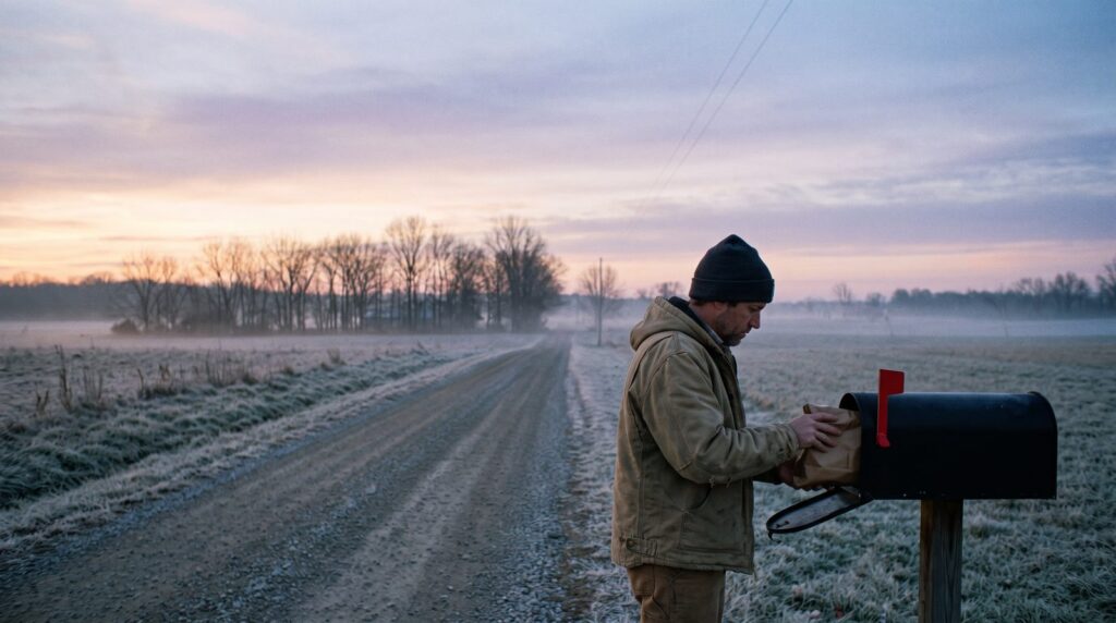 Man posting a flat square package into a country mailbox at sunrise, like a song leaving home on release day