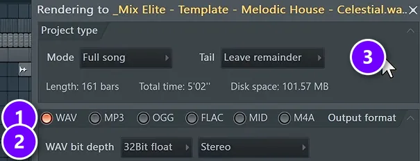 FL Studio export window with WAV (1), WAV bit depth (2) and the Tail setting (3) numbered