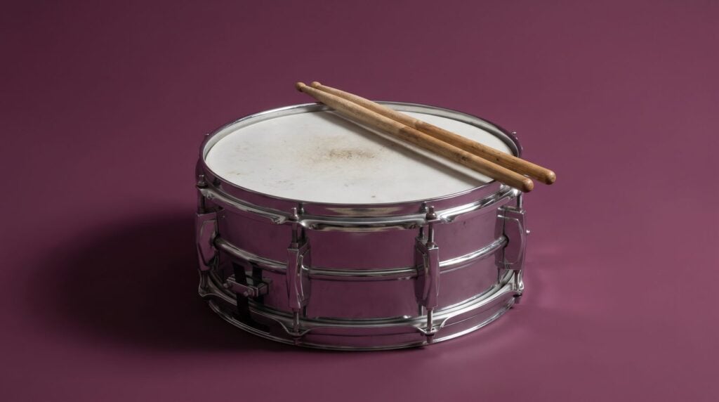 A single chrome snare drum with a worn white head and a pair of drumsticks on a plum backdrop