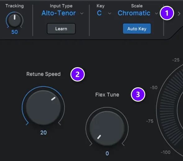 Antares Auto-Tune Pro in FL Studio with Key and Scale (1), Retune Speed at 20 (2) and Flex Tune (3) numbered