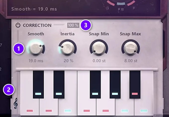 Graillon pitch correction section in Mix Elite's course with Smooth at 19 ms (1), the treble-clef scale button (2) and Correction at 100% (3)