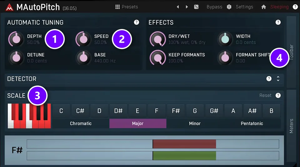 MeldaProduction MAutoPitch with Depth (1), Speed (2), the Scale section (3) and Formant shift (4) numbered