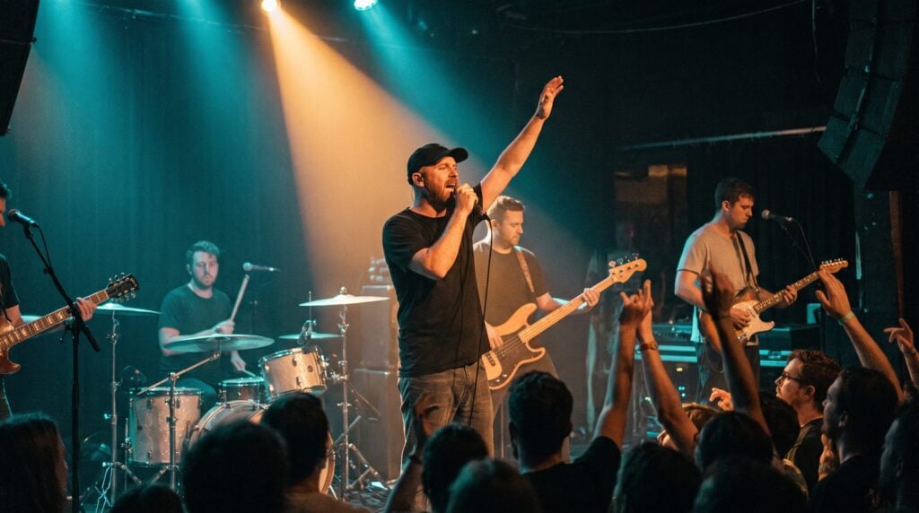 A singer in a black cap sings into a handheld mic under an amber spotlight at a small club gig, his band lit teal behind him
