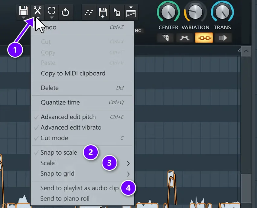 Newtone Edit menu opened from the scissors icon (1) with Snap to scale (2), Scale (3) and Send to playlist as audio clip (4) numbered