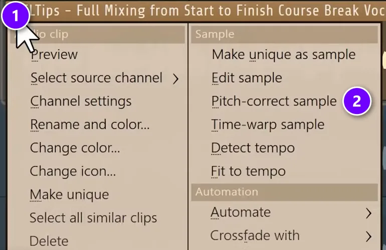 FL Studio audio clip menu with the clip menu icon numbered 1 and Pitch-correct sample numbered 2