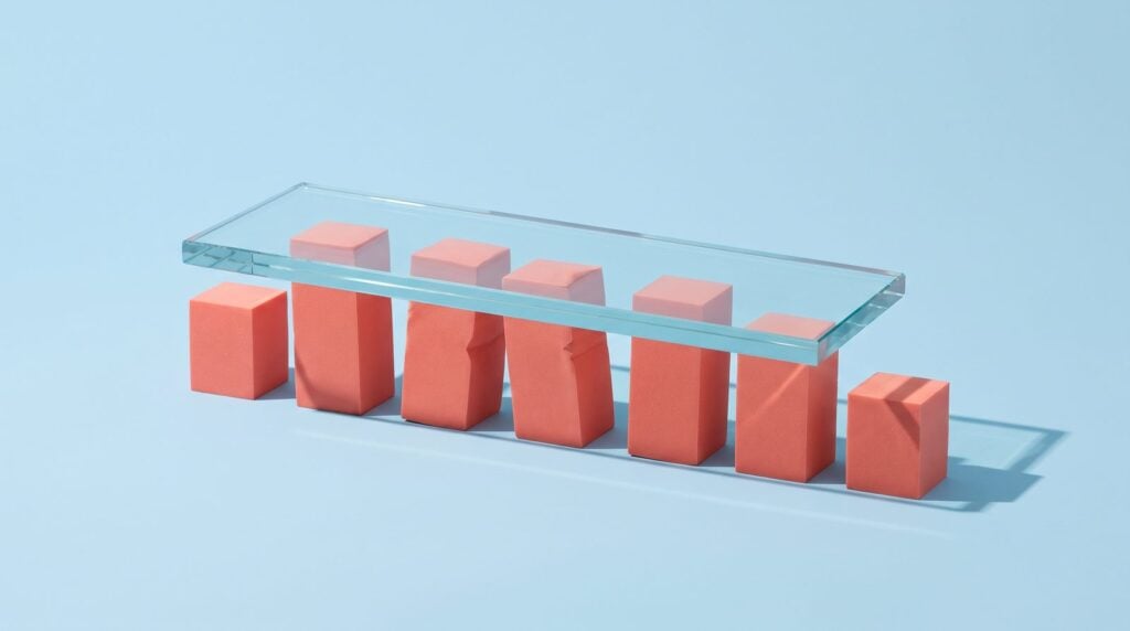 A glass slab pressing down the tallest of a row of foam blocks so the row becomes more even, like a compressor turning down the loudest parts