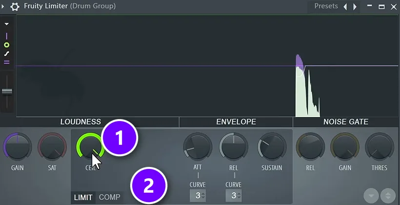 FL Studio Fruity Limiter in LIMIT mode with the CEIL knob (1) turned all the way up and the COMP button (2)