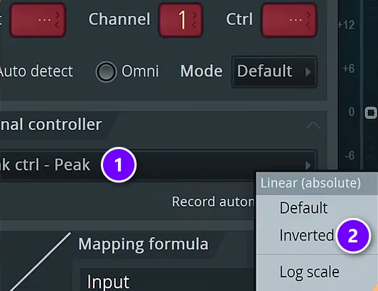 FL Studio Link to controller window with Internal controller set to Peak ctrl - Peak (1) and the Inverted mapping formula (2)