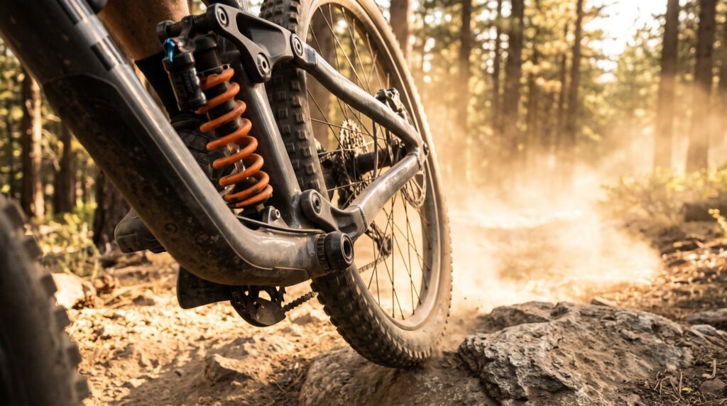 Close-up of a mountain bike's orange coil shock absorber squeezing as the wheel lands on a rock, a suspension that only works on the bump, like a dynamic EQ band