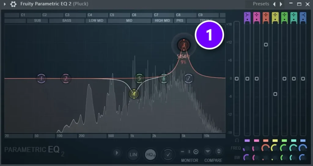 Fruity Parametric EQ 2 on a pluck with a narrow bell boosted near 5.4 kHz to find a harsh frequency, numbered 1
