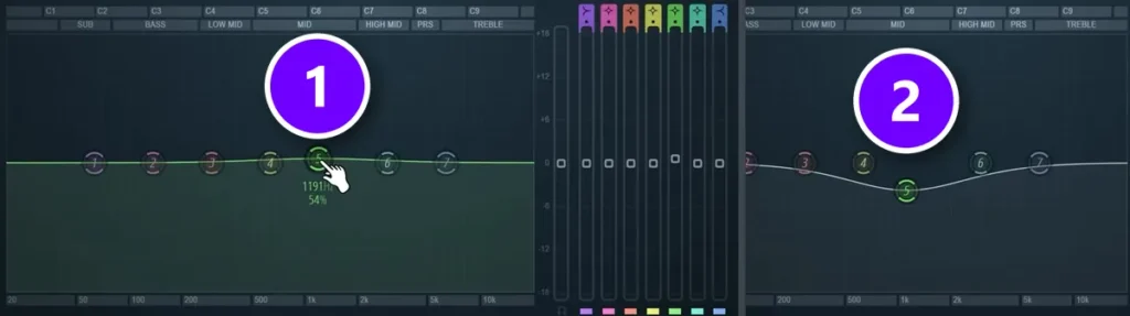 Two Fruity Parametric EQ 2 windows: a small boost near 1 kHz on the pluck numbered 1 and a dip at the same spot on the chords numbered 2