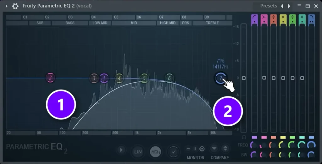 Fruity Parametric EQ 2 on a vocal with a low cut numbered 1 and a high cut numbered 2 that push it back in the mix