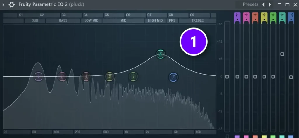 Fruity Parametric EQ 2 on a pluck with a wide high-mid boost around 3 kHz numbered 1