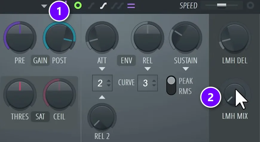 Maximus controls with the POST makeup gain knob (1) and the LMH MIX knob for parallel compression (2) numbered