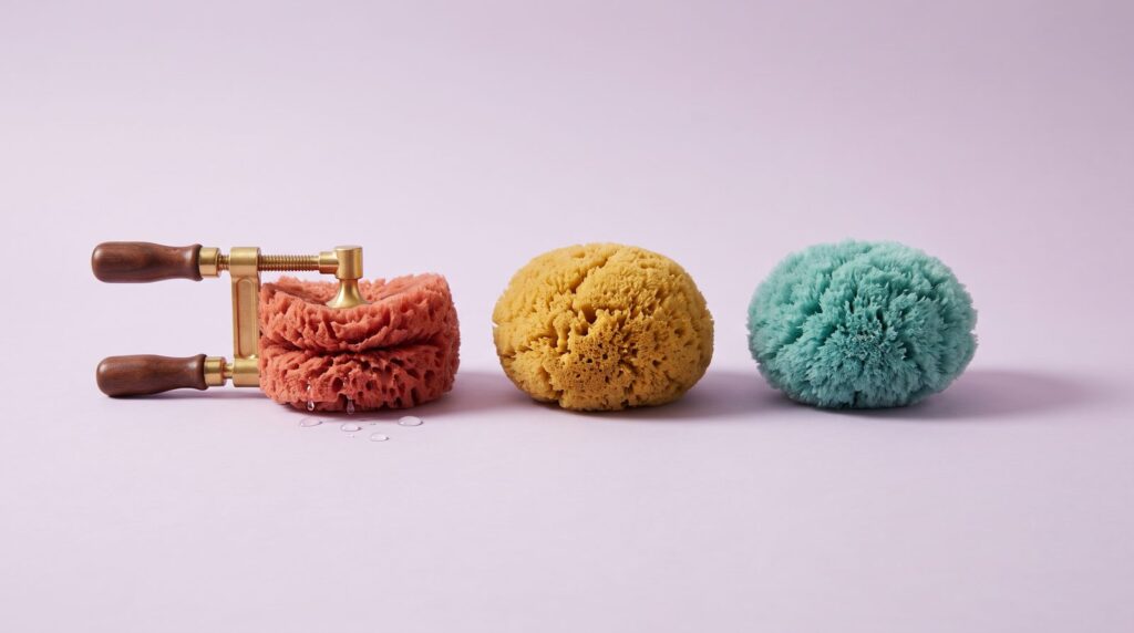 Three sea sponges in coral, mustard and teal on a lilac backdrop, with a brass clamp squeezing only the coral one, like a multiband compressor working on one band
