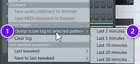 FL Studio Tools menu with Dump score log to selected pattern (1) and Last 2 minutes (2) numbered
