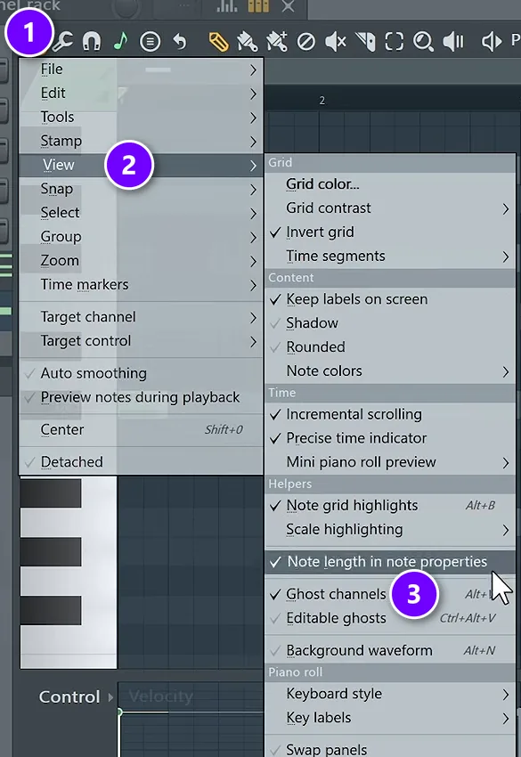 FL Studio Piano roll menu open at View with Ghost channels ticked, steps numbered 1 to 3