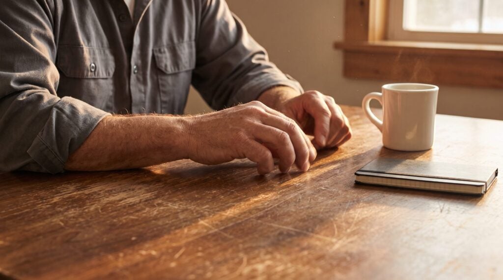 A man's hands tapping a rhythm on a worn wooden kitchen table at sunrise, next to a coffee mug and a closed notebook