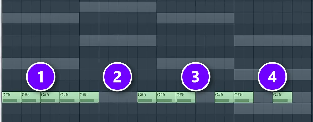 FL Studio Piano roll with a melody flattened onto C#5 so only its rhythm shows, bars 1 to 4 numbered