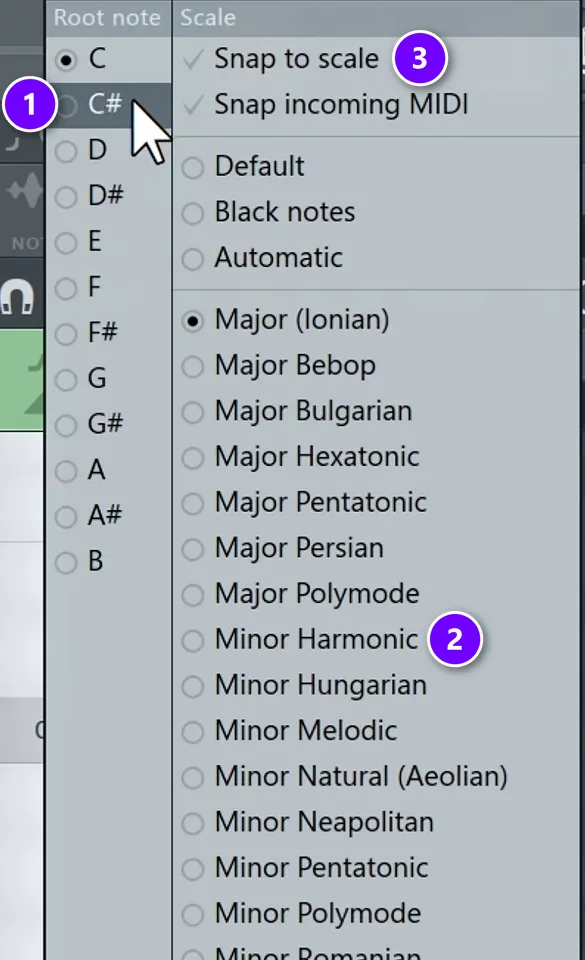 FL Studio Piano roll scale helper menu with the root note C# (1), Minor Harmonic (2) and Snap to scale (3) numbered