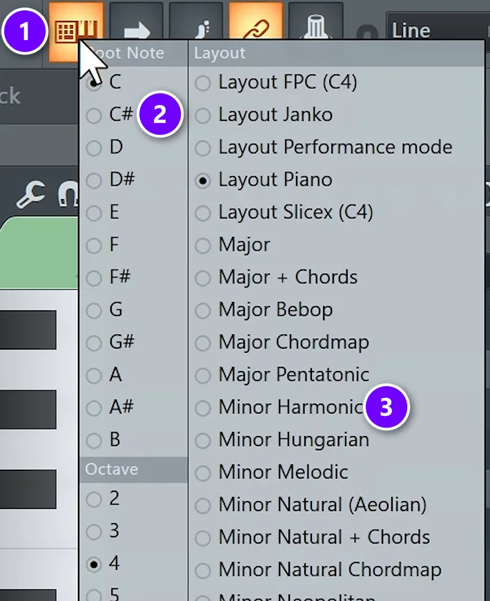 FL Studio typing keyboard to piano keyboard menu with the button (1), root note C# (2) and Minor Harmonic layout (3) numbered