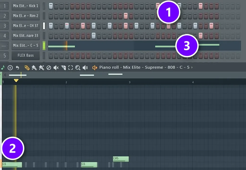 FL Studio Channel Rack kick pattern (1) above an 808 Piano Roll whose notes start on the kick hits (2), with the 808 row lined up under the kicks (3)