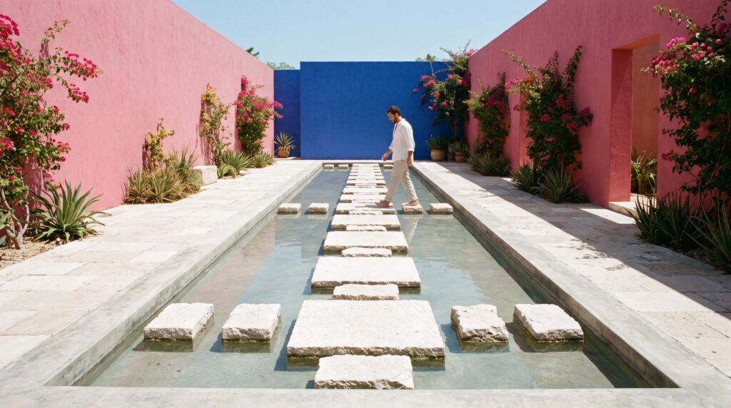 A man crosses a pool on big and small stepping stones, like a bass line landing on root notes and walking into the next chord