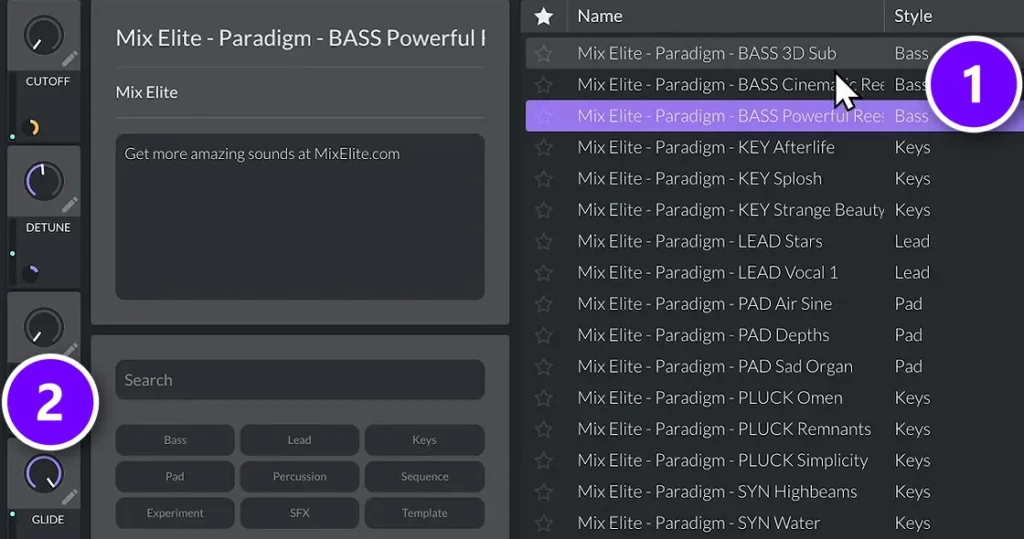 Vital synth preset browser in FL Studio with the bass presets (1) and the macro knobs (2) numbered