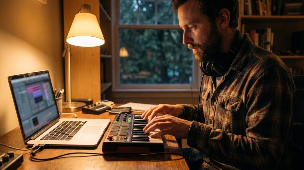 Man playing chords on a small MIDI keyboard next to a laptop at a home desk in the evening