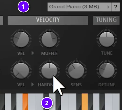 FL Studio FL Keys plugin with the Grand Piano preset numbered 1 and the HARDNESS knob numbered 2