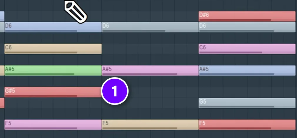 FL Studio Piano Roll with randomly selected notes shown in red, numbered 1, ready for a velocity change