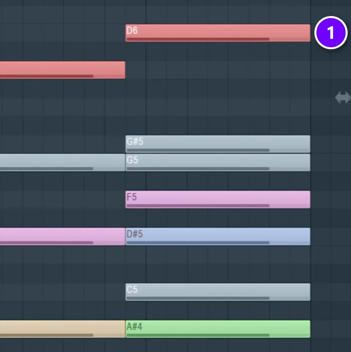 FL Studio Piano Roll with the raised third on top of the last chord numbered 1, turning it into a major chord