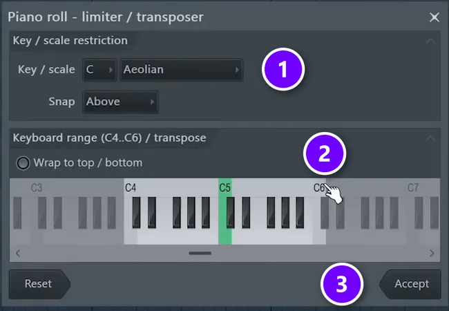 FL Studio Piano roll limiter and transposer window with Key/scale C Aeolian numbered 1, the keyboard range numbered 2 and Accept numbered 3