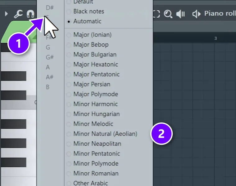 FL Studio Piano Roll scale menu opened from the note icon numbered 1, with Minor Natural (Aeolian) numbered 2
