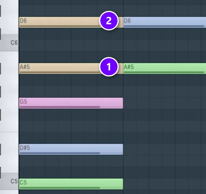 FL Studio Piano Roll chord with an added 7th numbered 1 and an added 9th numbered 2