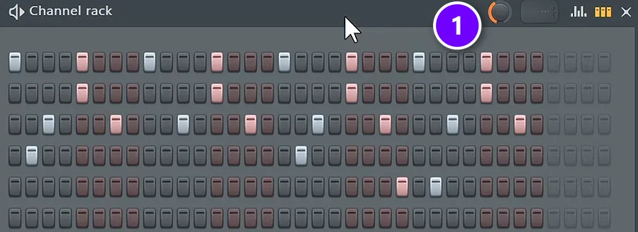 FL Studio Channel Rack house drum pattern with the swing knob (1) turned up to 40%