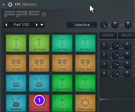FL Studio FPC drum sampler with 16 drum pads loaded, the Kick Drum pad numbered 1