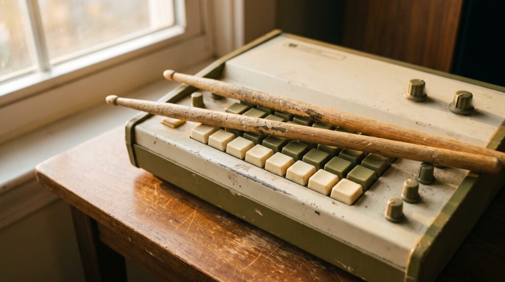 Worn wooden drumsticks resting on the step buttons of a vintage drum machine in warm window light, a human player next to the perfect grid