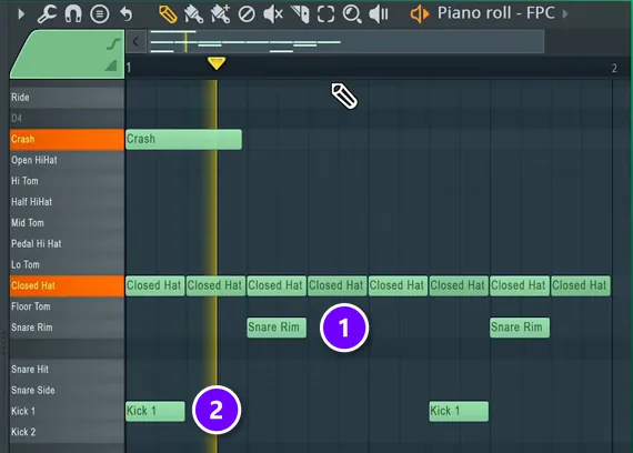 FL Studio Piano Roll with an FPC drum pattern, a snare rim note (1) and a kick note (2) sitting on the grid