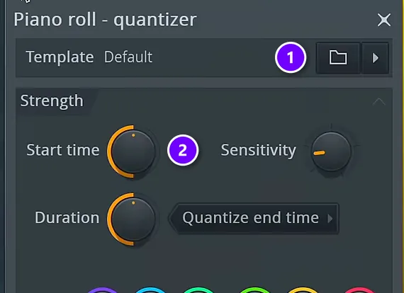 FL Studio Piano roll quantizer window with the template list button (1) and the Start time knob (2)