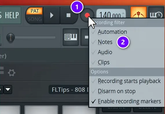 FL Studio record button (1) with the recording filter menu open and Notes (2) ticked