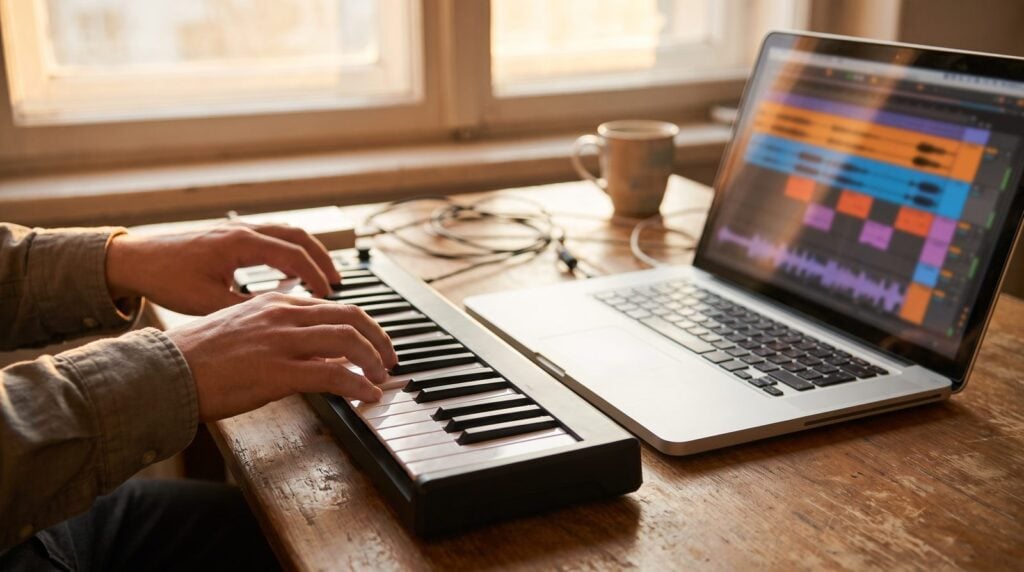 Hands on a MIDI keyboard next to a laptop showing a full song arrangement in colored blocks