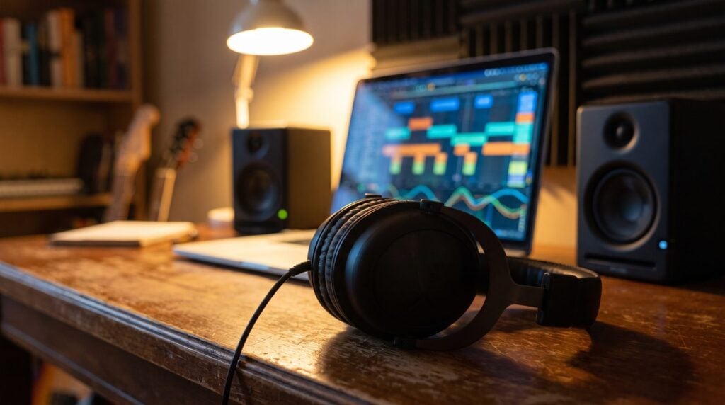 Headphones on a desk in front of studio speakers and a laptop, ready for a separate mixing session