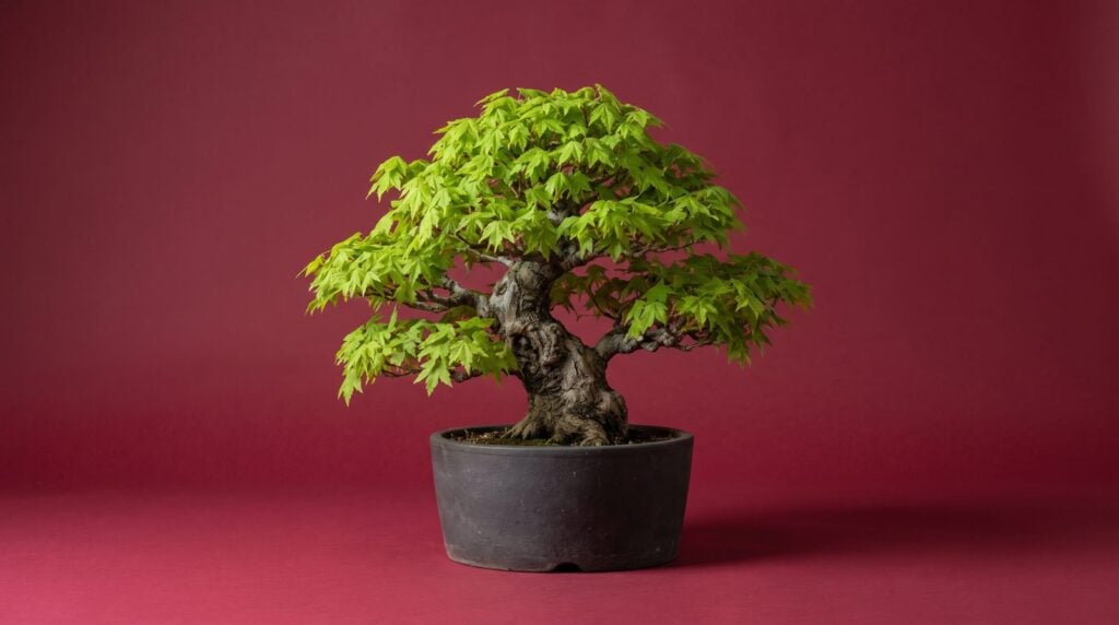 An old, gnarled bonsai tree sprouting fresh green leaves, like an adult still learning new skills such as music production