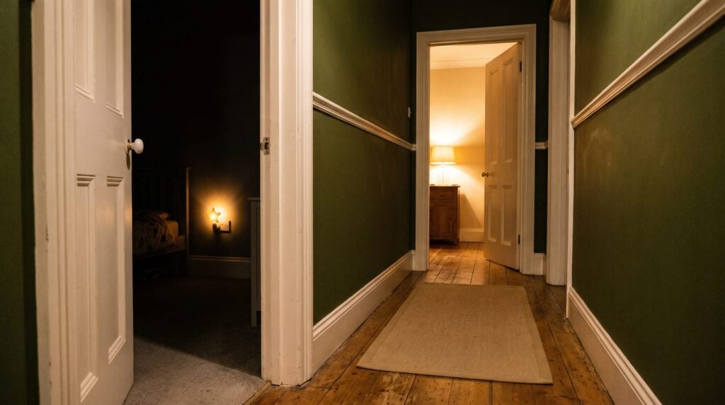 A family hallway at night with a child's nightlight glowing and a lamp-lit room at the end, time for 45 minutes of music