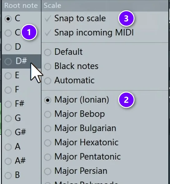 FL Studio Piano Roll scale menu with the root note list (1), Major (Ionian) scale (2) and Snap to scale (3) numbered