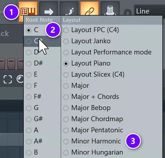 FL Studio typing keyboard to piano keyboard button (1) with its root note list (2) and Minor Harmonic scale (3) numbered
