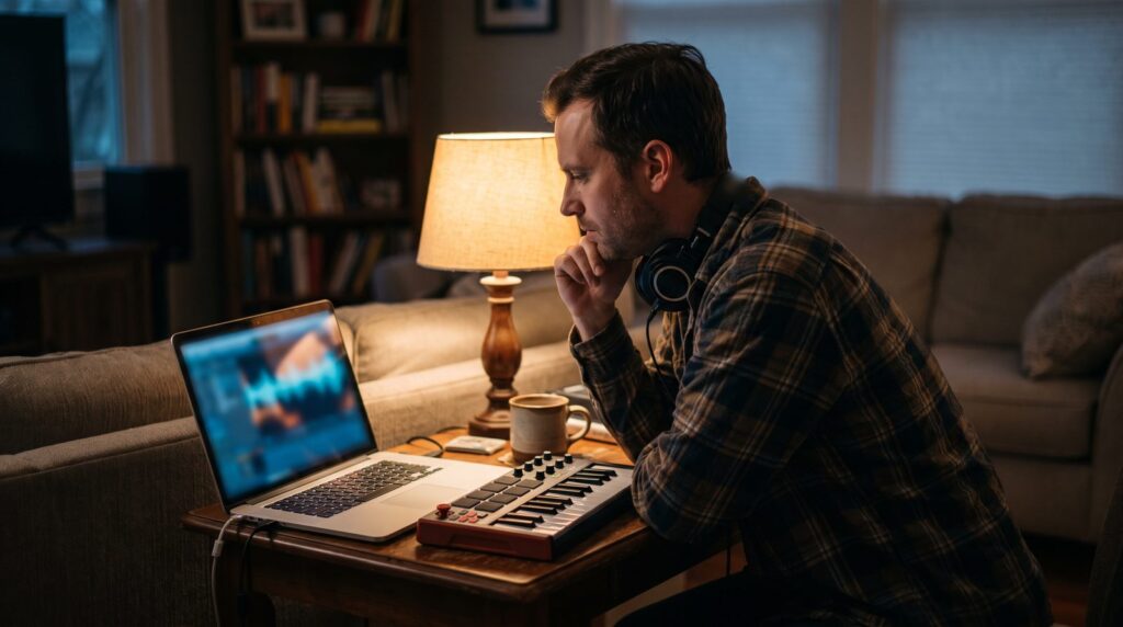 Man at a home desk in the evening thinking over a music course on his laptop, with studio headphones and a small MIDI keyboard