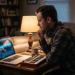 Man at a home desk in the evening thinking over a music course on his laptop, with studio headphones and a small MIDI keyboard